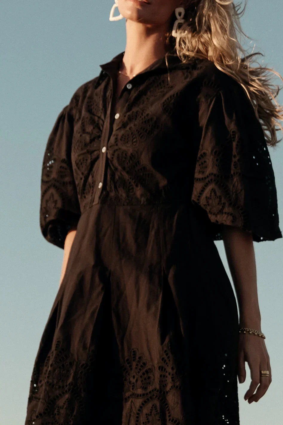 Eleanor Eyelet Lace Midi Dress in Black