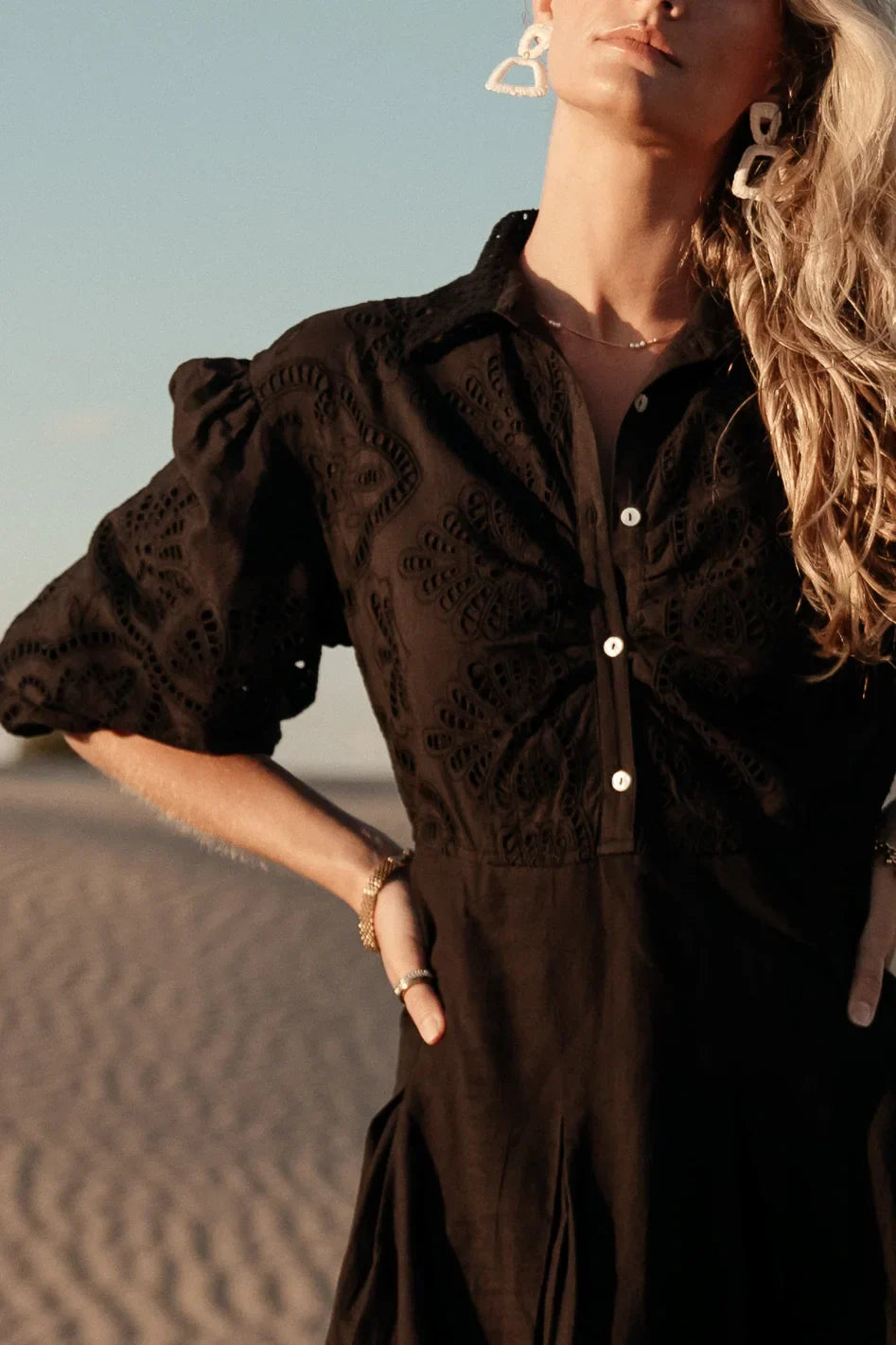 Eleanor Eyelet Lace Midi Dress in Black