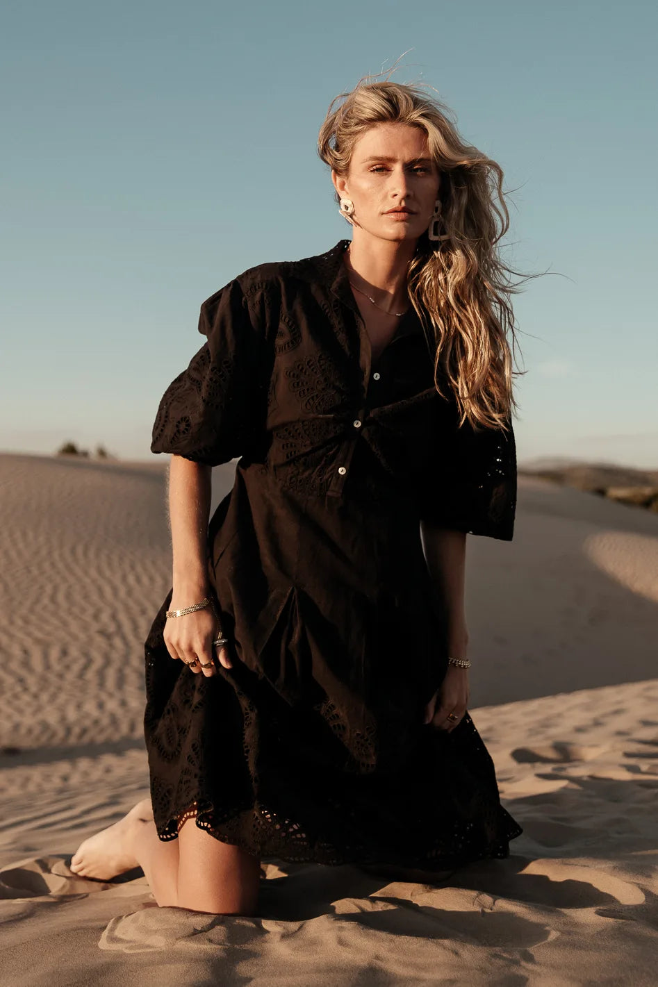 Eleanor Eyelet Lace Midi Dress in Black