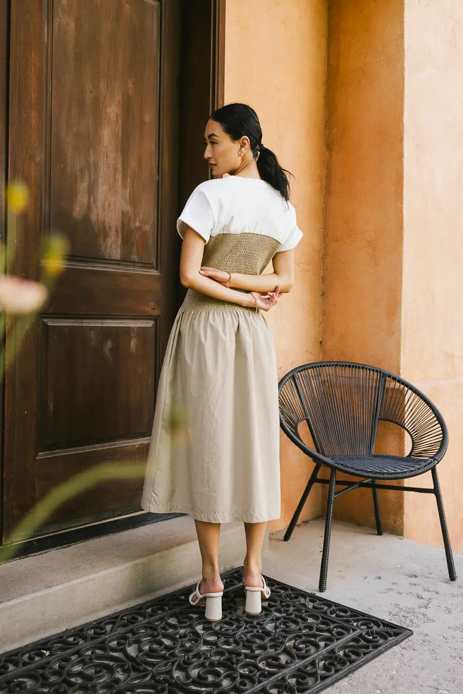 Florence Smocked Midi Dress in Taupe - FINAL SALE