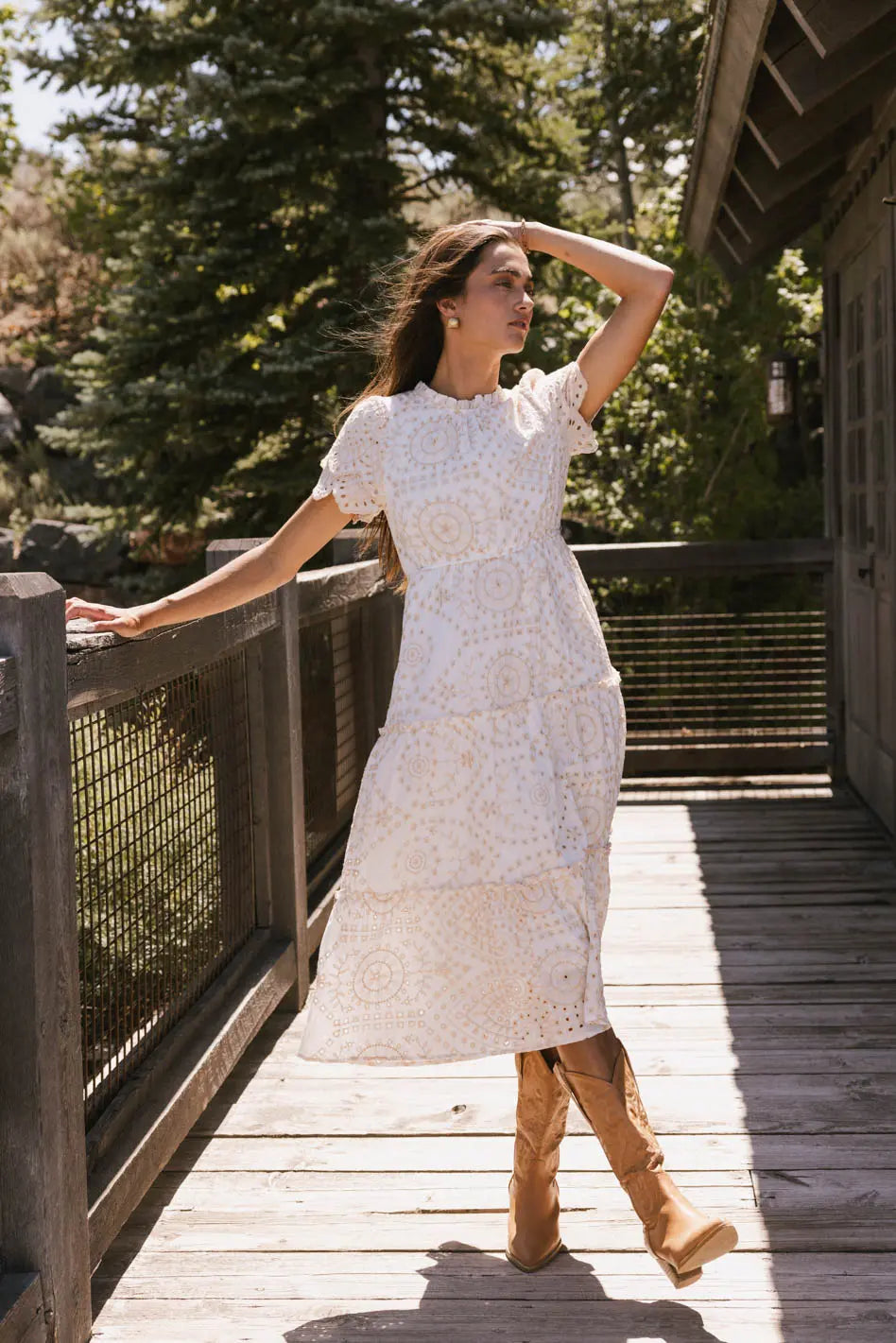Alena Eyelet Lace Dress in Beige