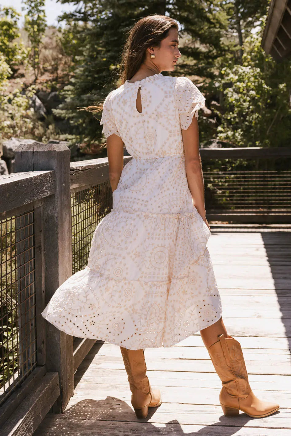 Alena Eyelet Lace Dress in Beige