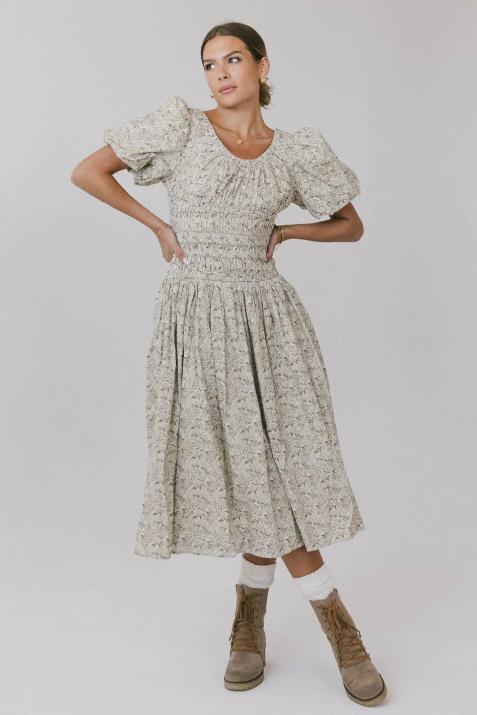 Lucille Smocked Floral Dress in Olive - FINAL SALE