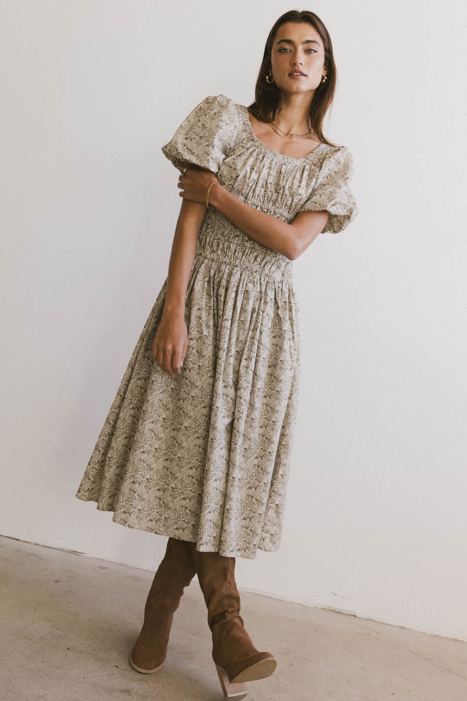 Lucille Smocked Floral Dress in Olive - FINAL SALE