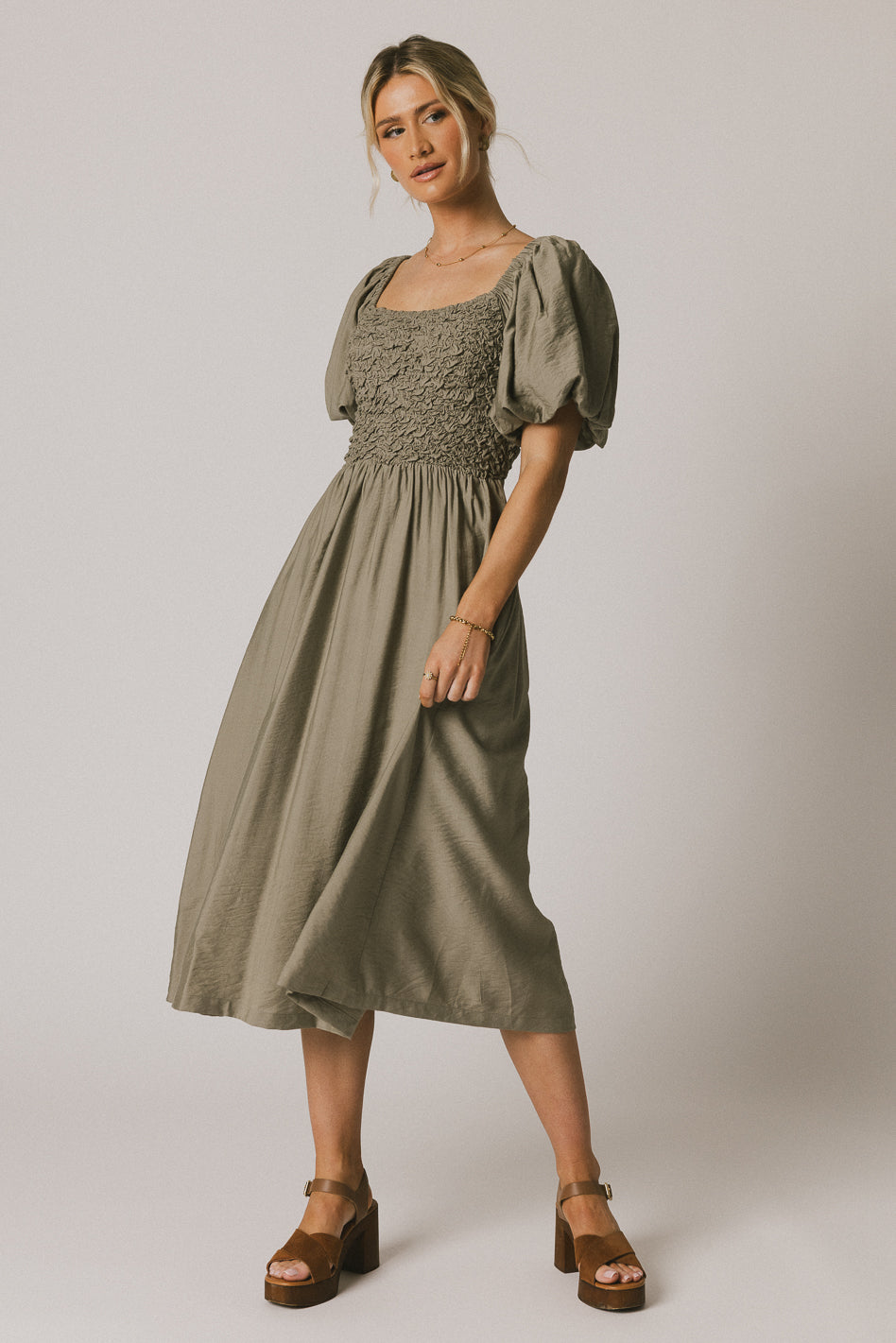 Janie Smocked Midi Dress in Olive - FINAL SALE