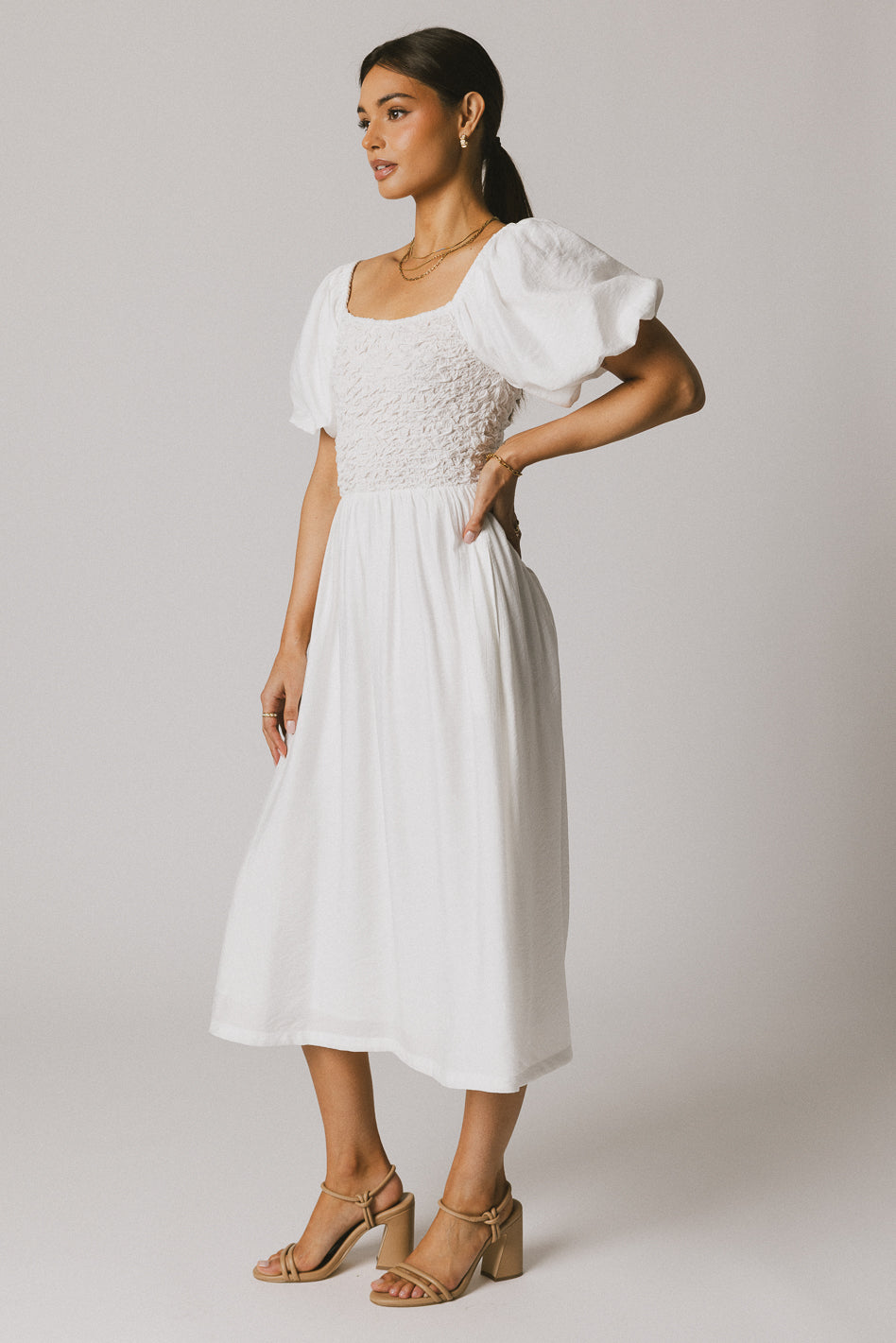 Janie Smocked Midi Dress in White - FINAL SALE