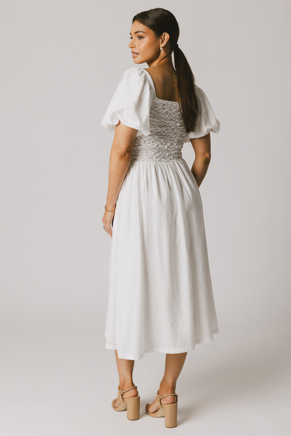 Janie Smocked Midi Dress in White - FINAL SALE