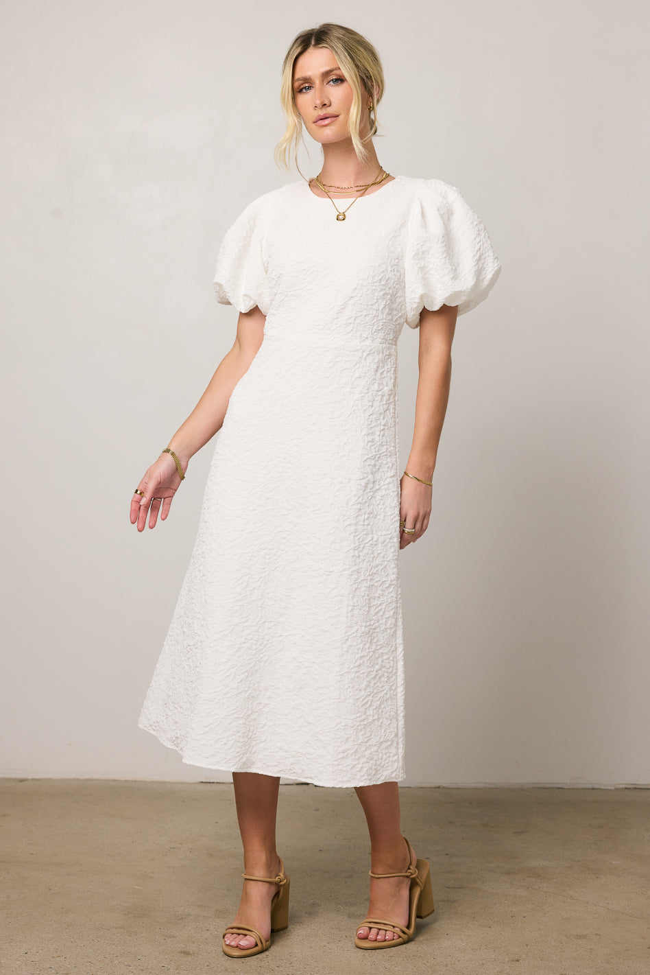 Henry Textured Midi Dress in White - FINAL SALE