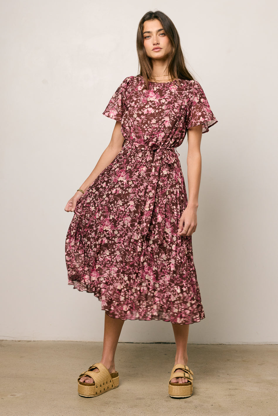 Mary Anne Floral Midi Dress in Brown - FINAL SALE