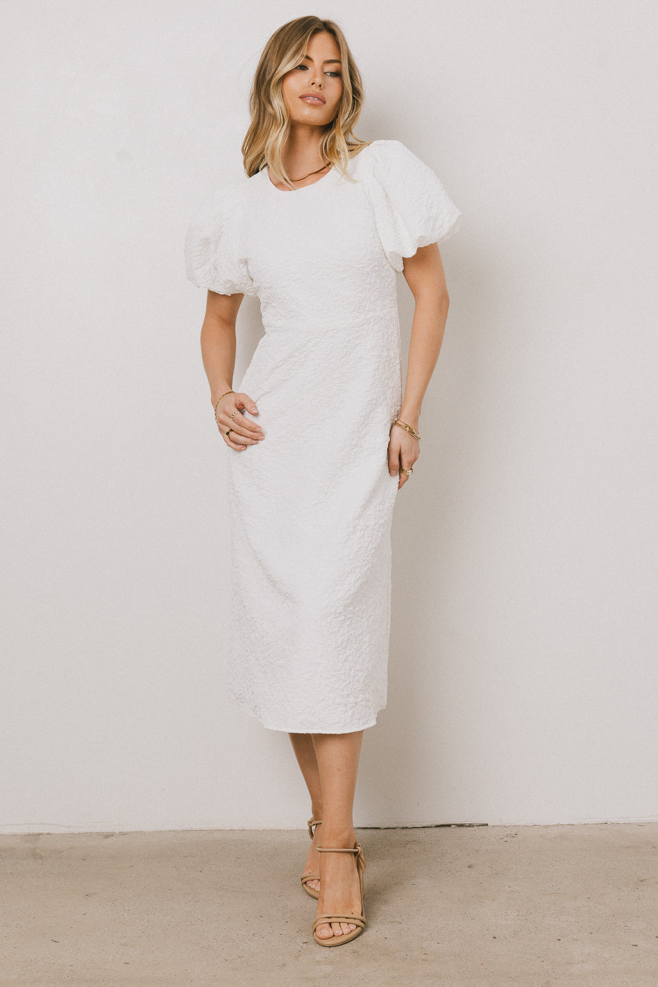 Henry Textured Midi Dress in White - FINAL SALE