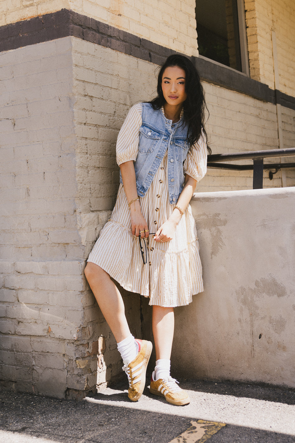 Theo Striped Midi Dress in Mustard