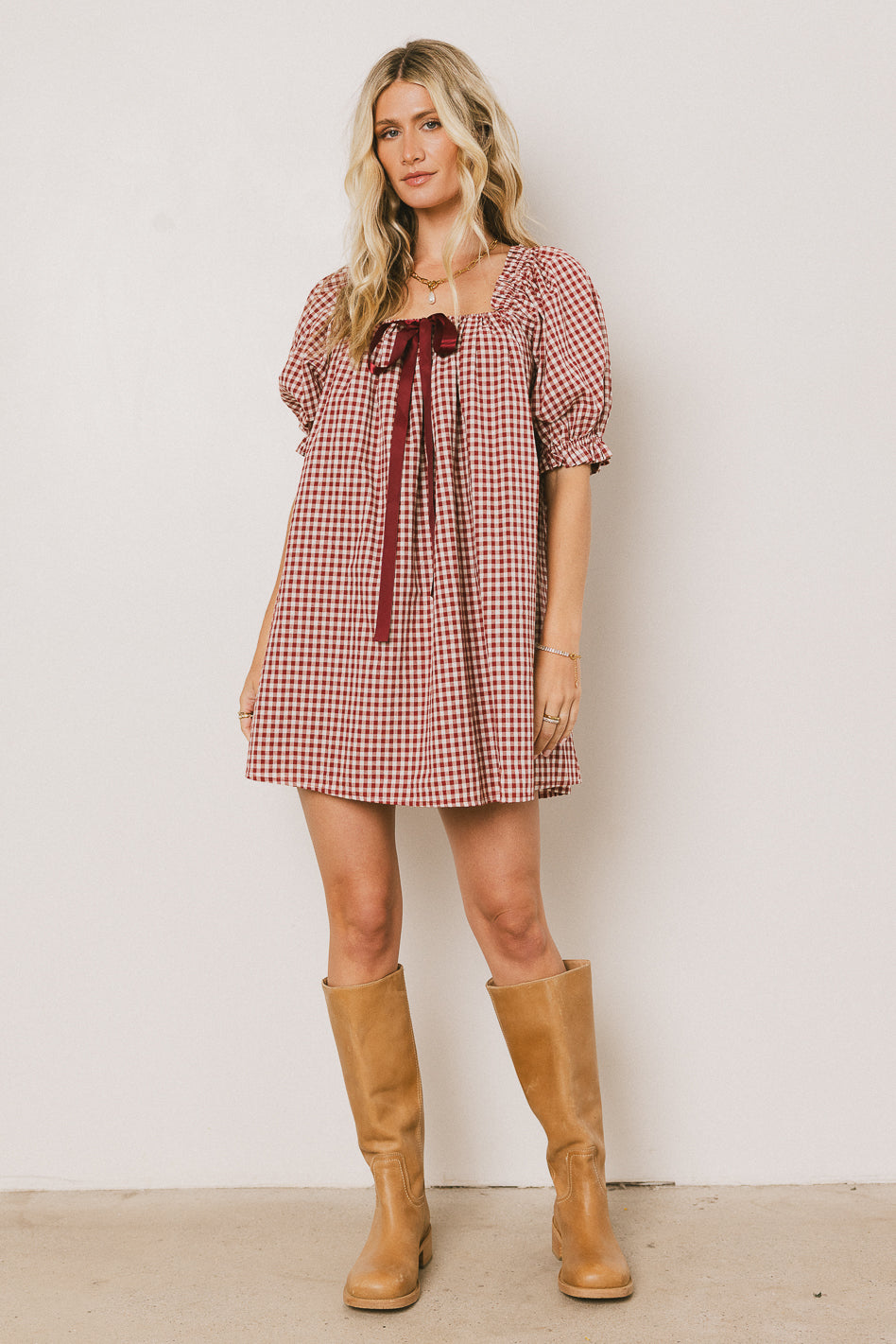 Cody Gingham Mini Dress in Burgundy
