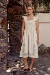 Lane Embroidered Midi Dress in Cream