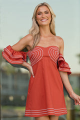 Left An Impression Burnt Orange Linen Blend Off The Shoulder Mini Dress
