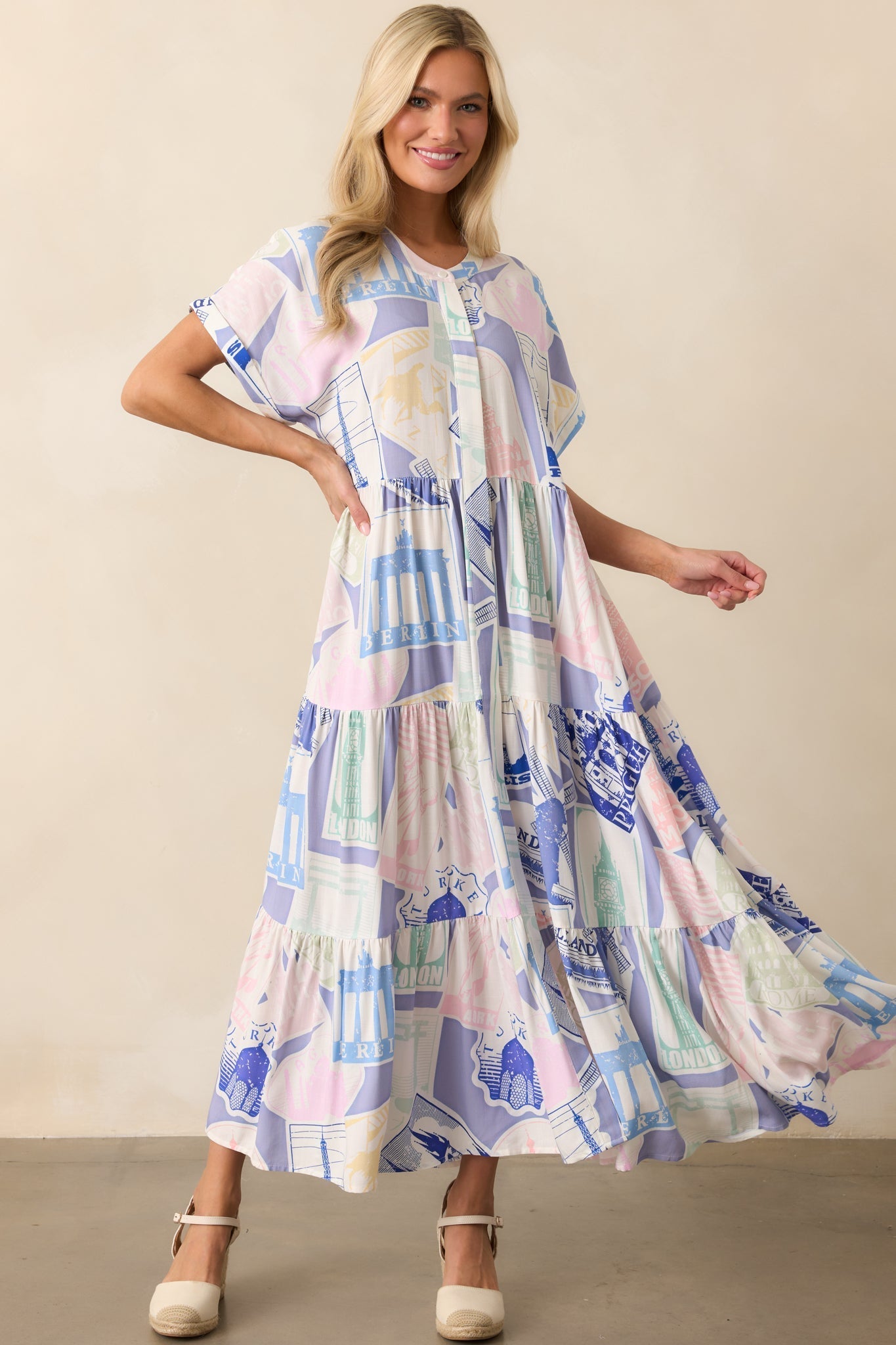 Mallory Passport Print Blue Midi Dress