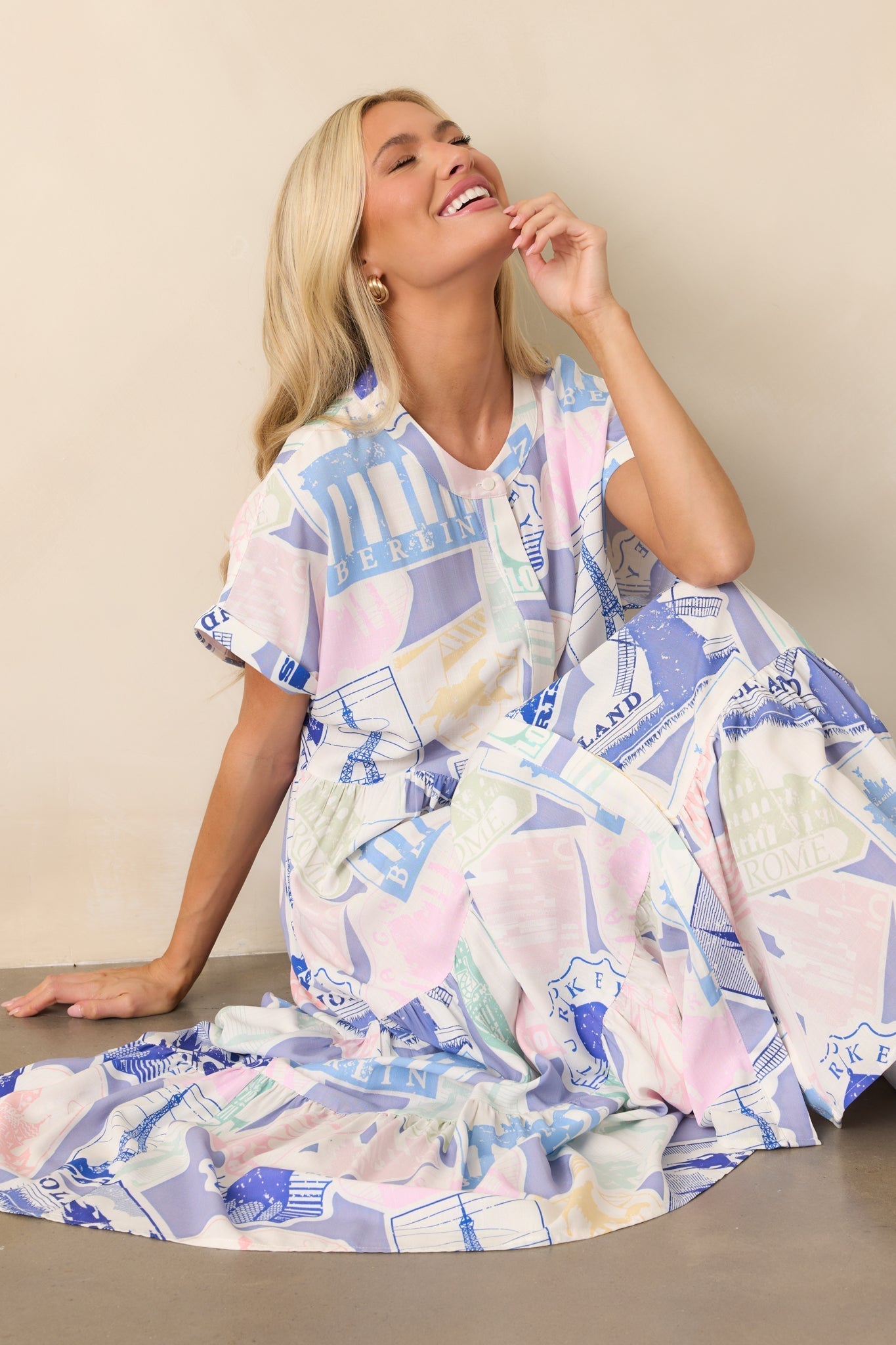 Mallory Passport Print Blue Midi Dress