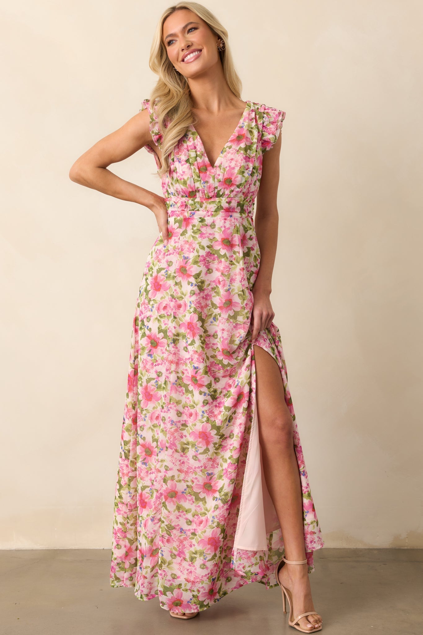 Dancing In The Sun Pink Floral Sleeveless Maxi Dress