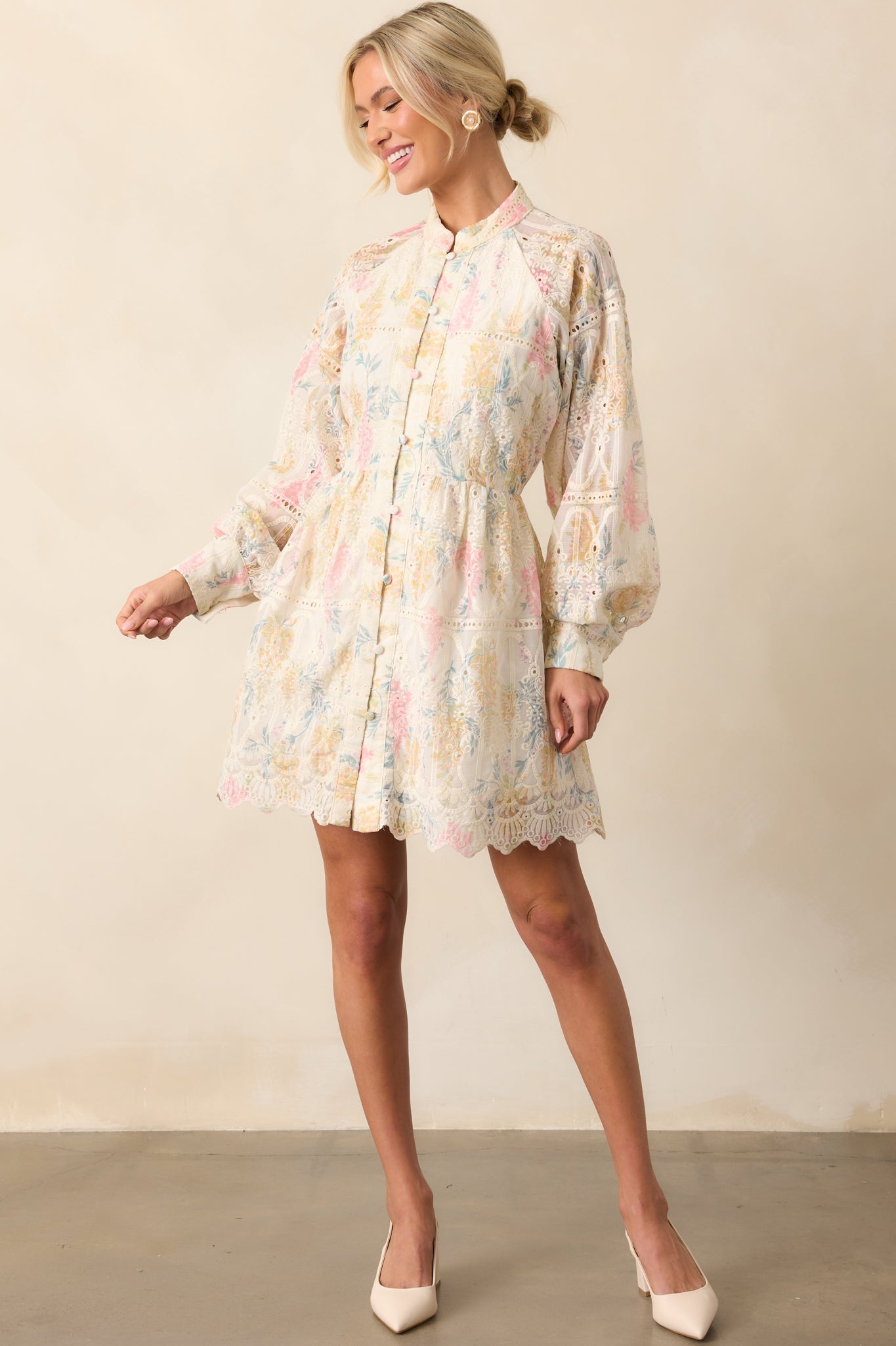 The Art Of Being Ivory Floral Embroidered Eyelet Mini Dress