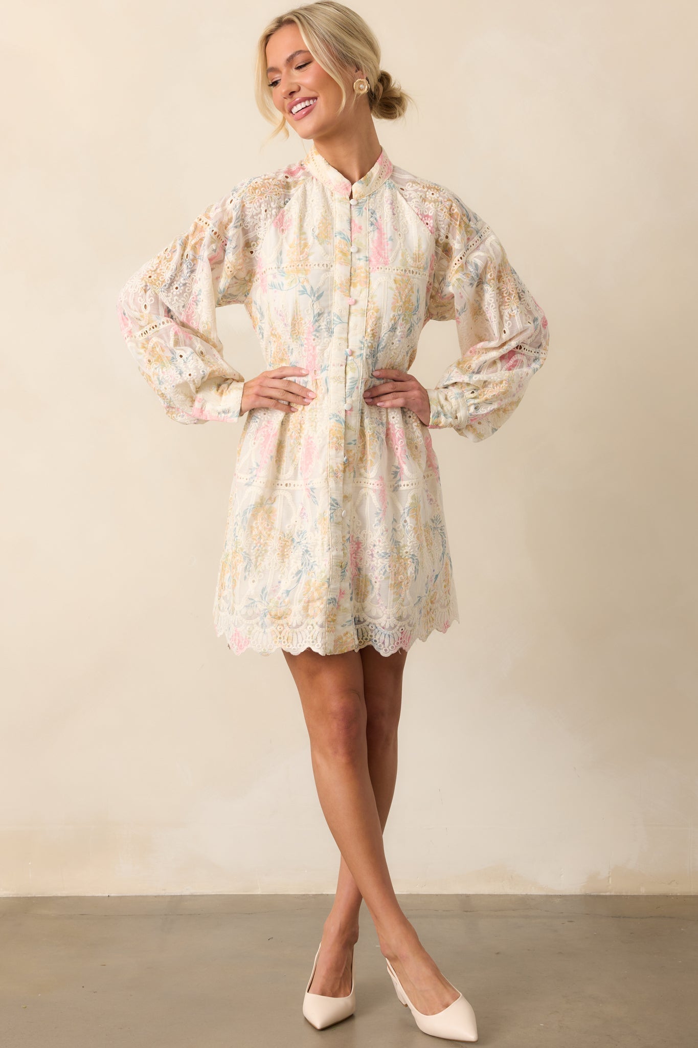 The Art Of Being Ivory Floral Embroidered Eyelet Mini Dress