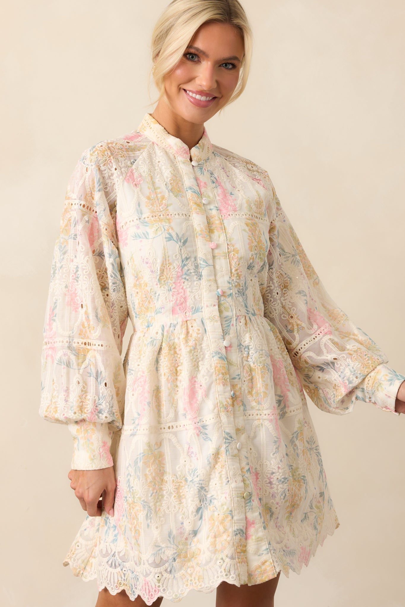 The Art Of Being Ivory Floral Embroidered Eyelet Mini Dress