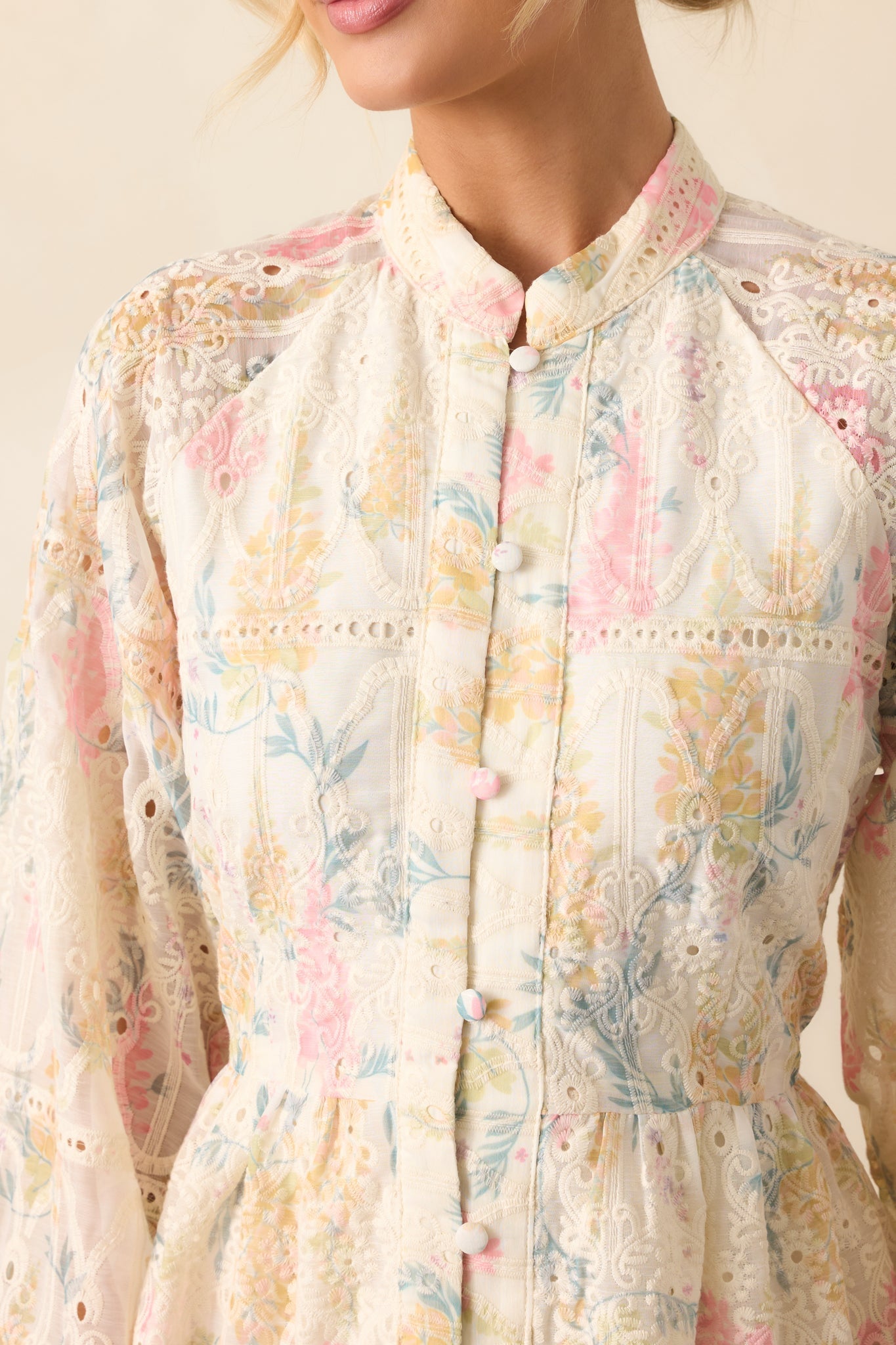 The Art Of Being Ivory Floral Embroidered Eyelet Mini Dress