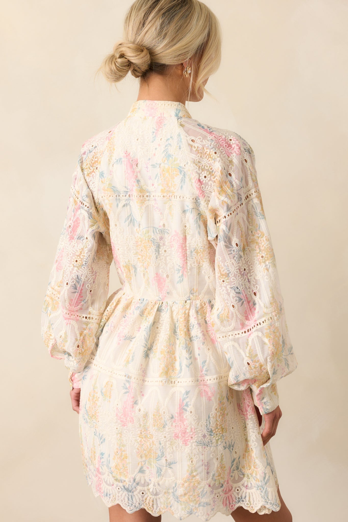 The Art Of Being Ivory Floral Embroidered Eyelet Mini Dress