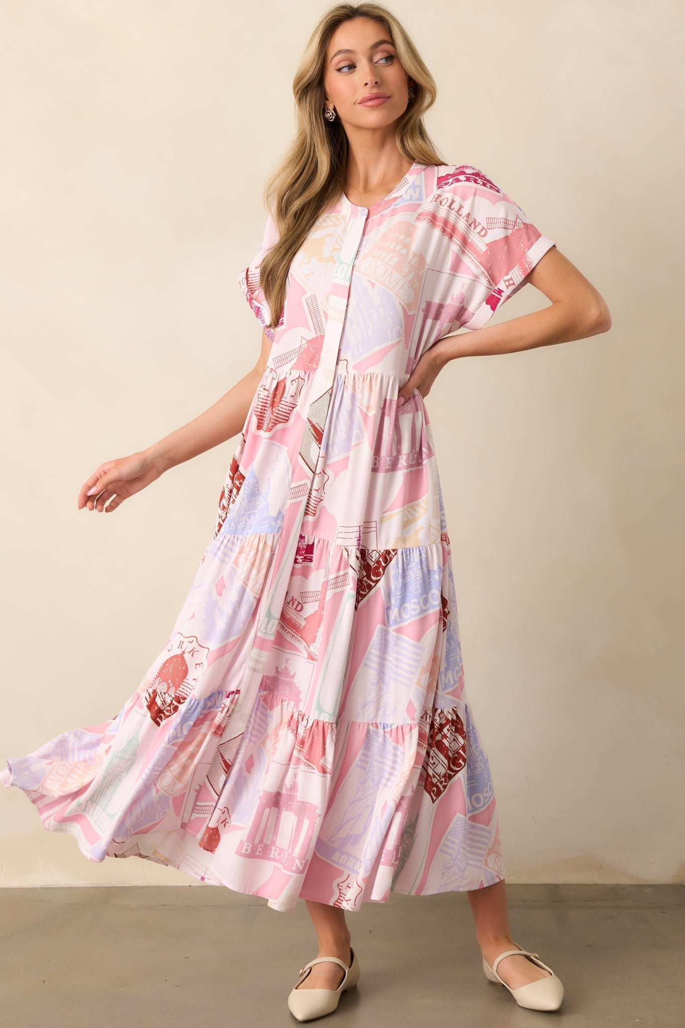 Mallory Passport Print Pink Midi Dress