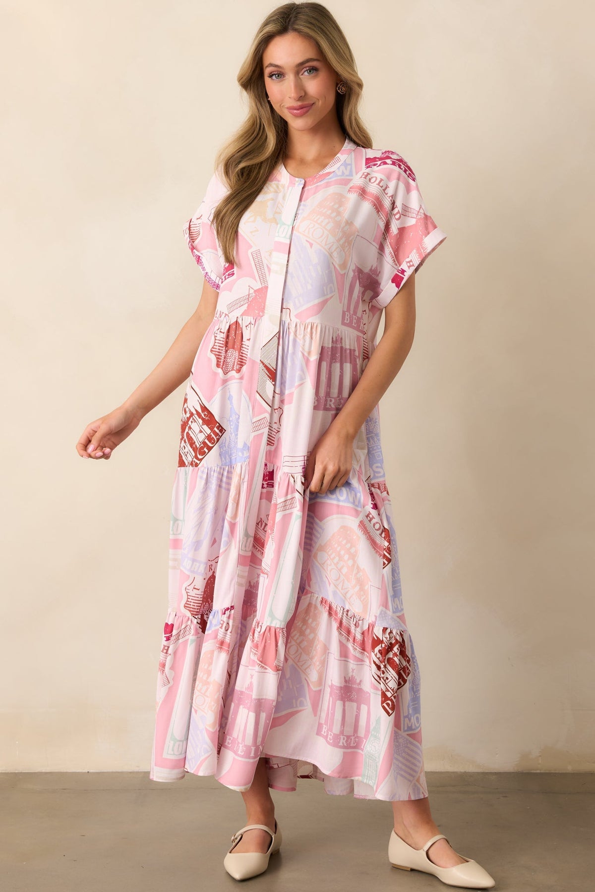 Mallory Passport Print Pink Midi Dress