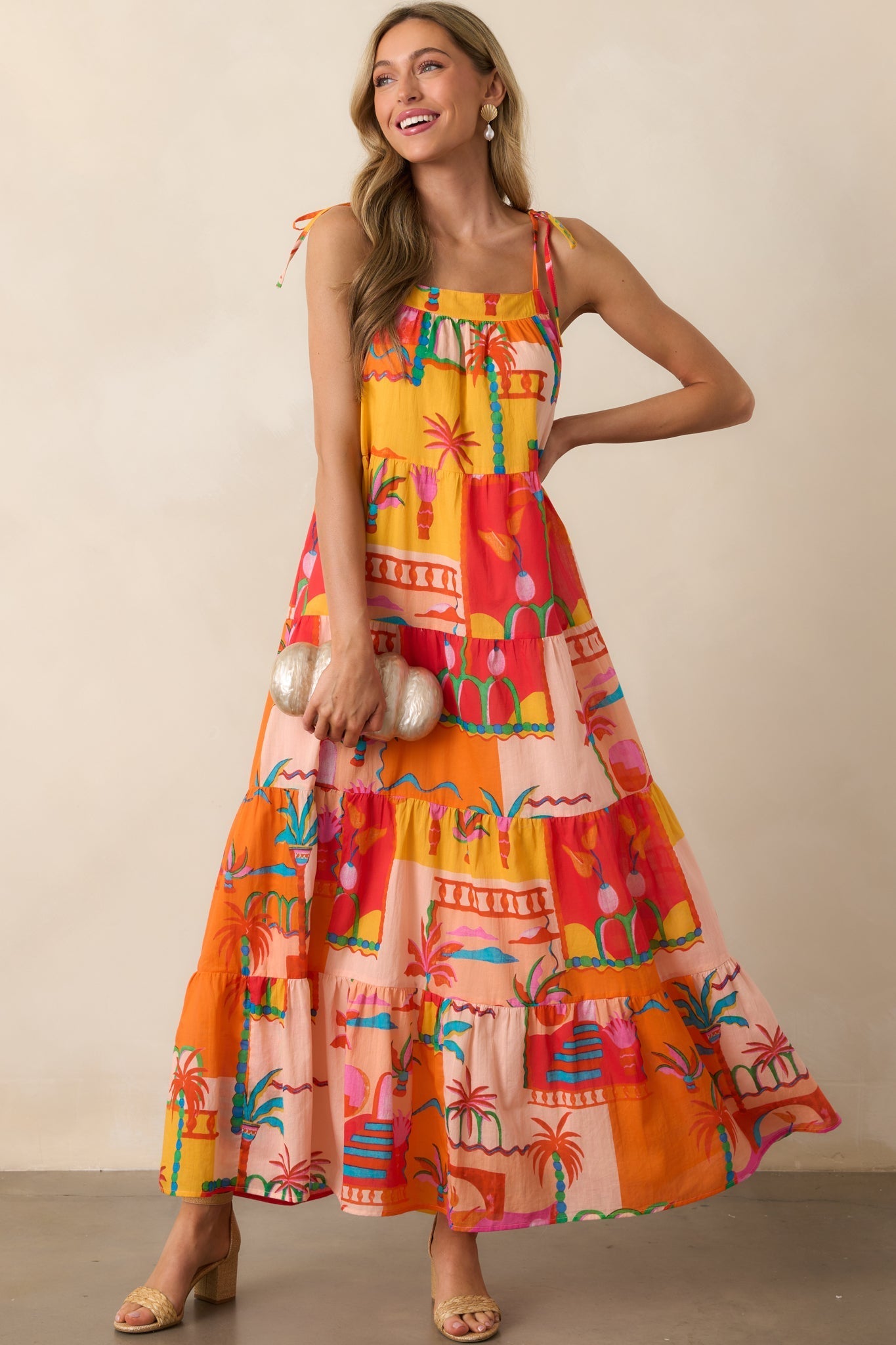 Seaside Soiree Orange Tropical Print Cotton Maxi Dress