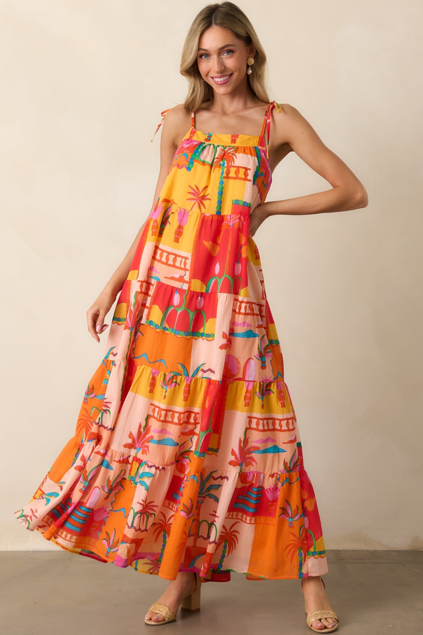 Seaside Soiree Orange Tropical Print Cotton Maxi Dress
