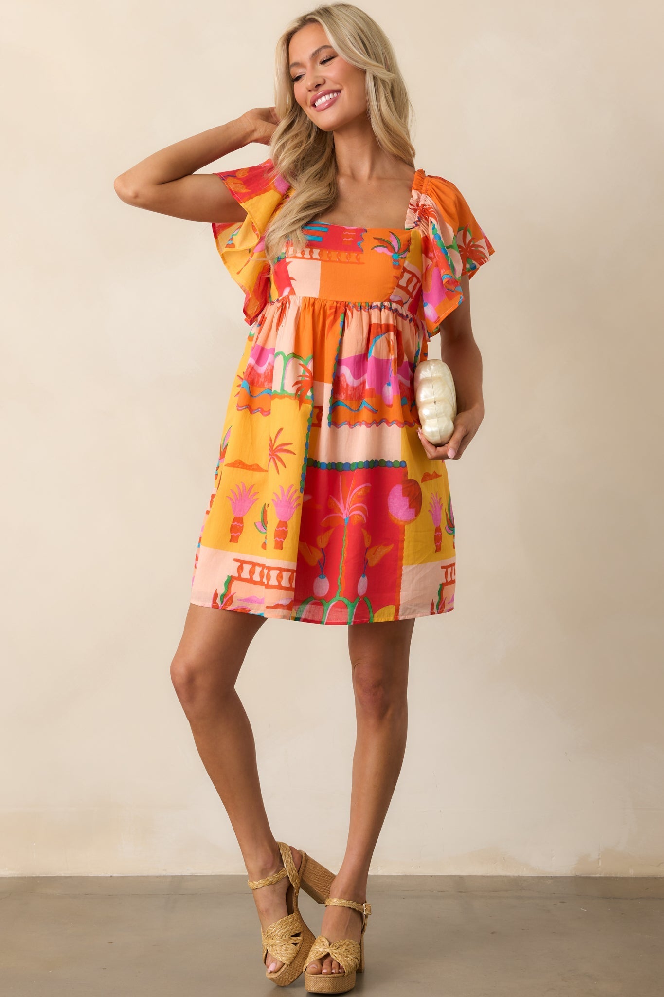 By The Shore Orange Tropical Print Cotton Mini Dress