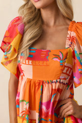 By The Shore Orange Tropical Print Cotton Mini Dress