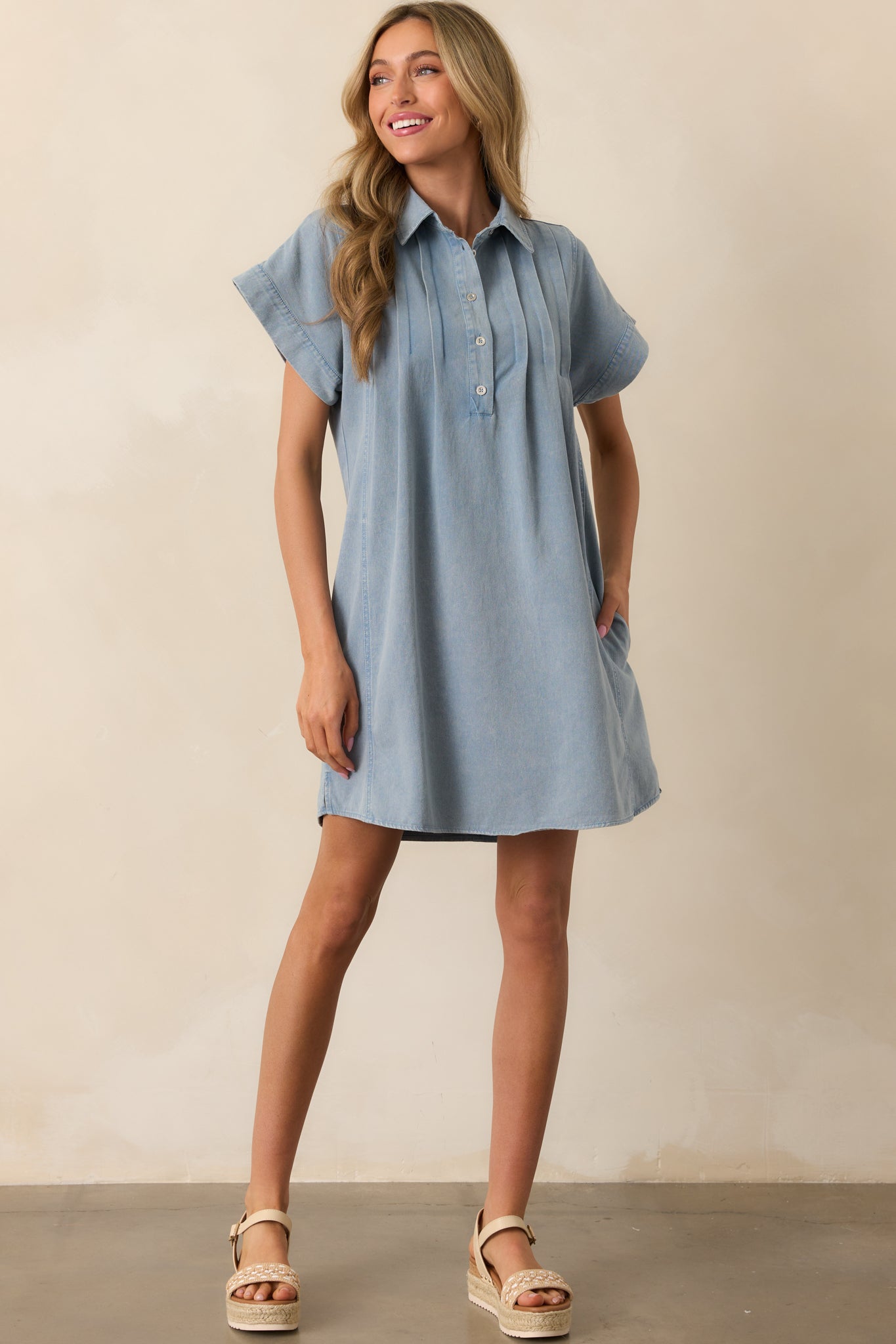 Perfect Afternoon Light Wash Short Sleeve Denim Mini Dress