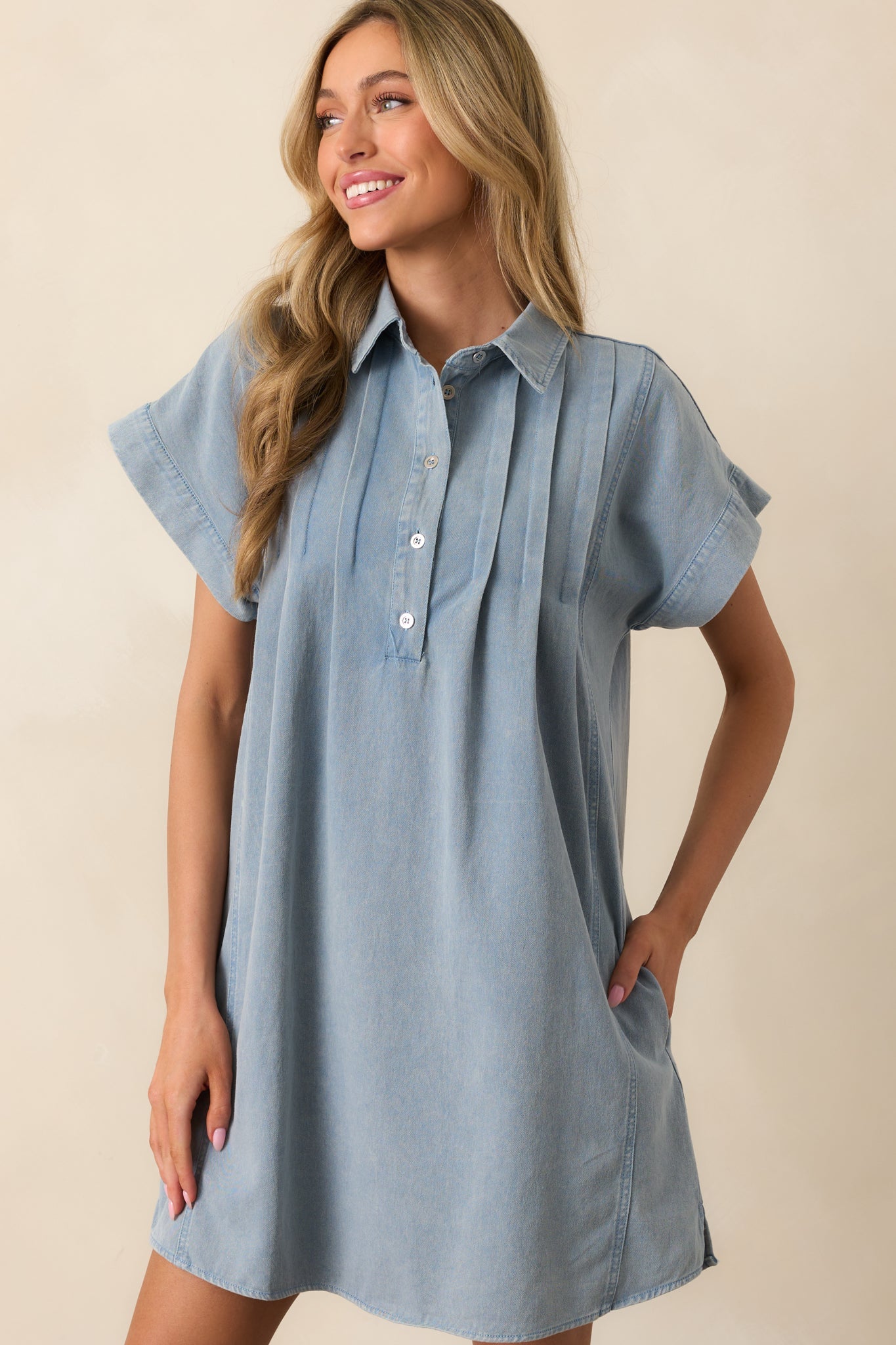 Perfect Afternoon Light Wash Short Sleeve Denim Mini Dress