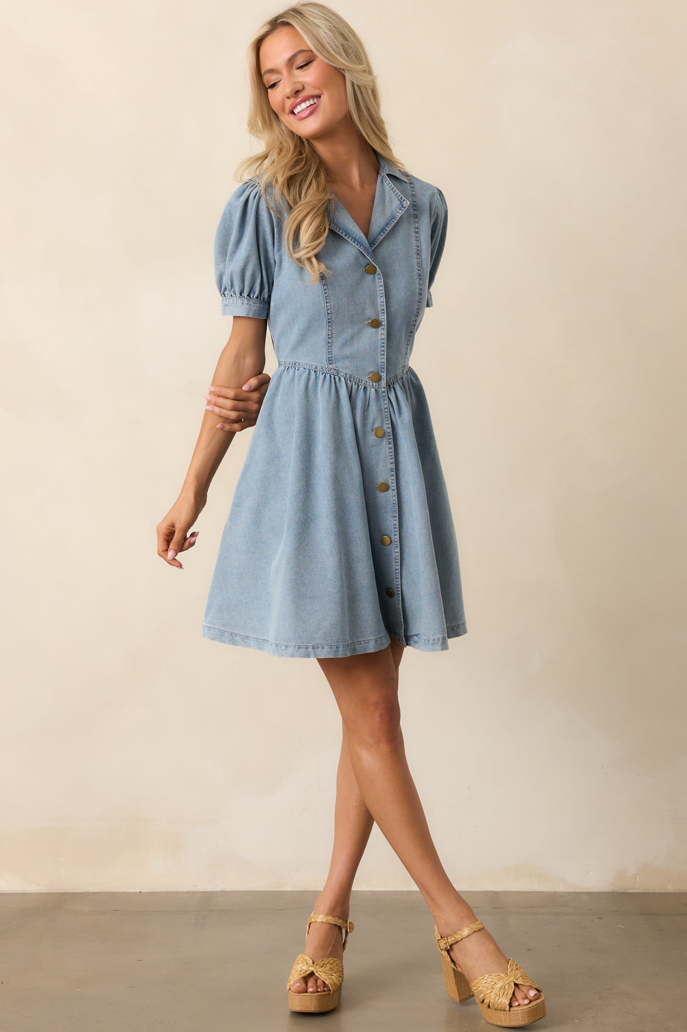 The World Awaits Light Wash Denim Mini Shirt Dress