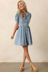 The World Awaits Light Wash Denim Mini Shirt Dress