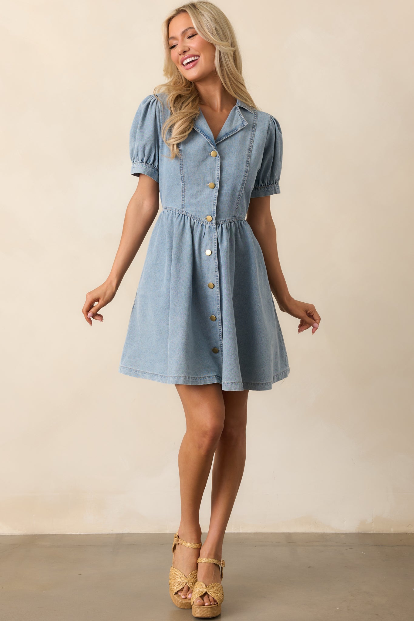 The World Awaits Light Wash Denim Mini Shirt Dress