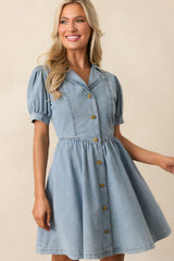 The World Awaits Light Wash Denim Mini Shirt Dress
