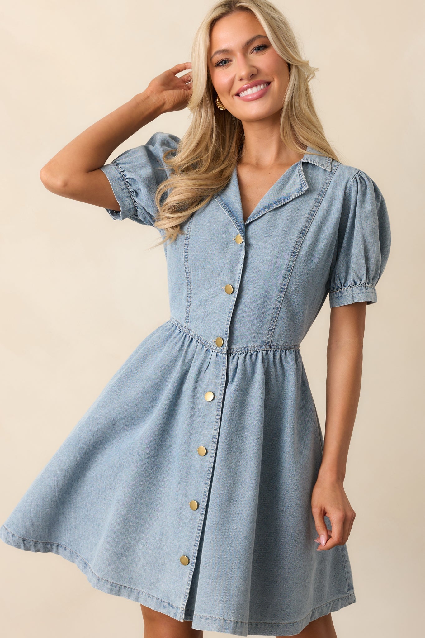 The World Awaits Light Wash Denim Mini Shirt Dress
