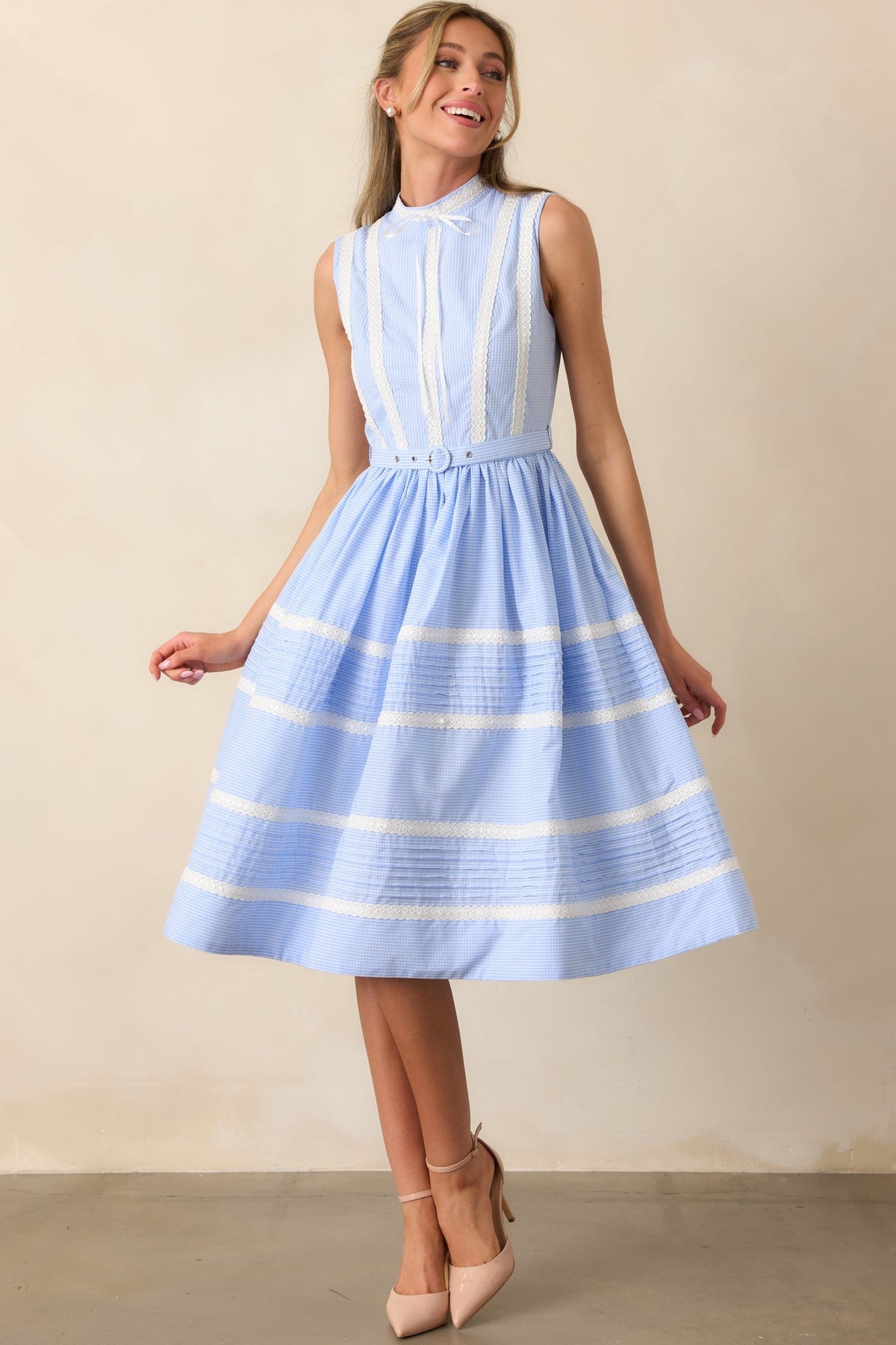 Emma Blue Micro Gingham Cotton Ribbon Trim Dress