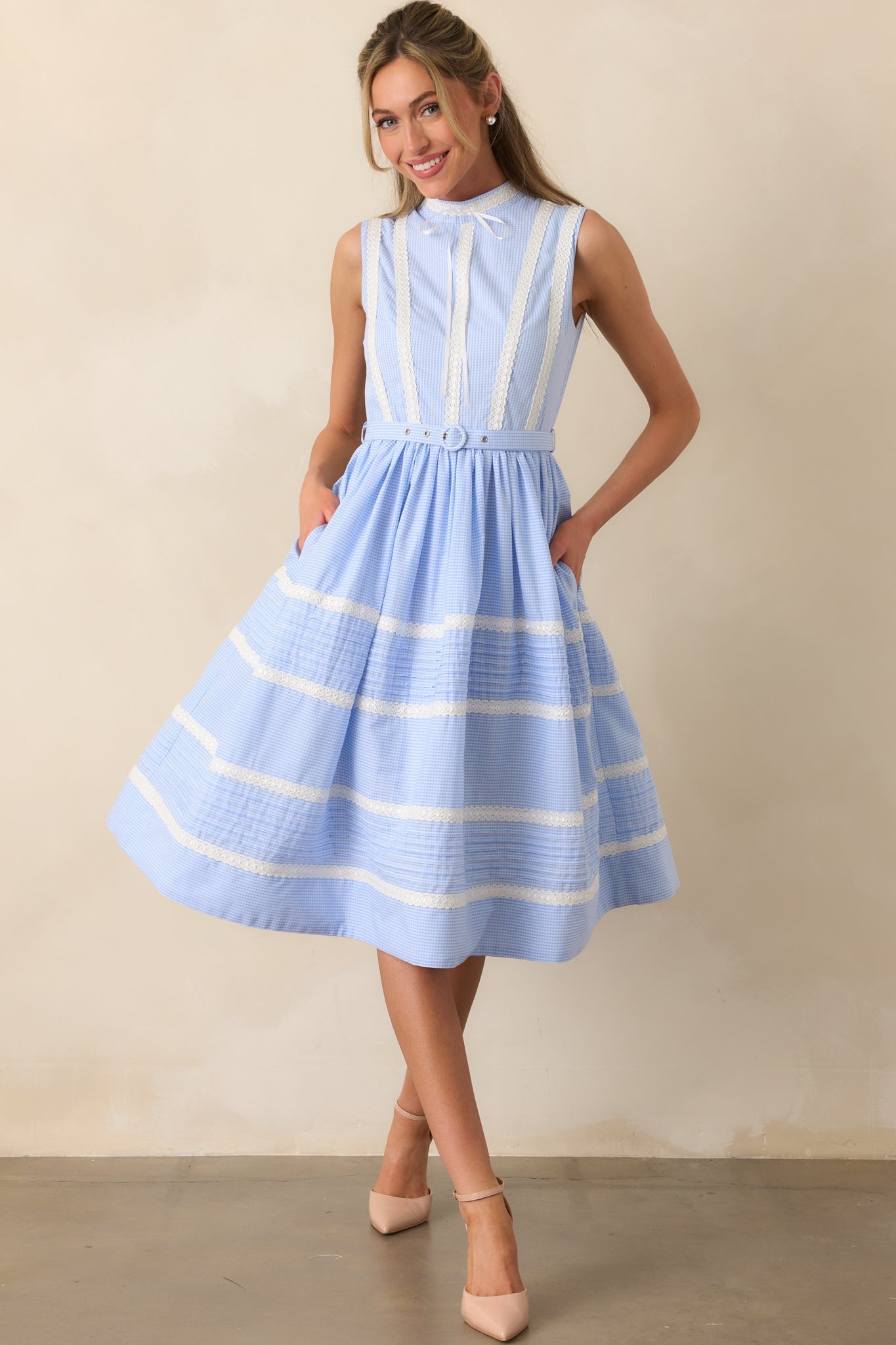 Emma Blue Micro Gingham Cotton Ribbon Trim Dress