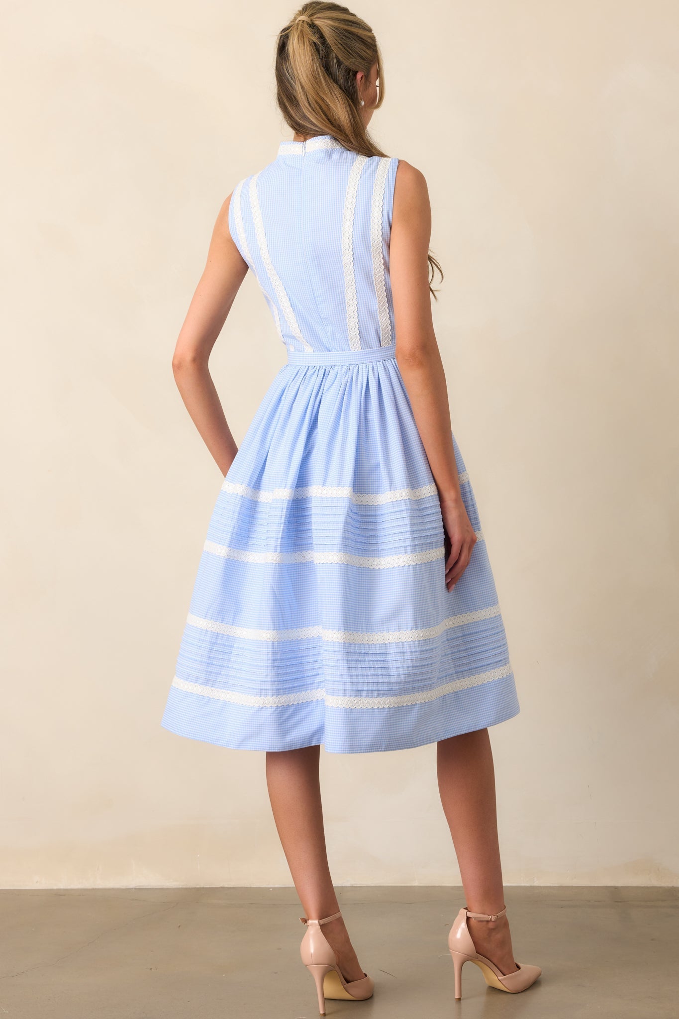Emma Blue Micro Gingham Cotton Ribbon Trim Dress