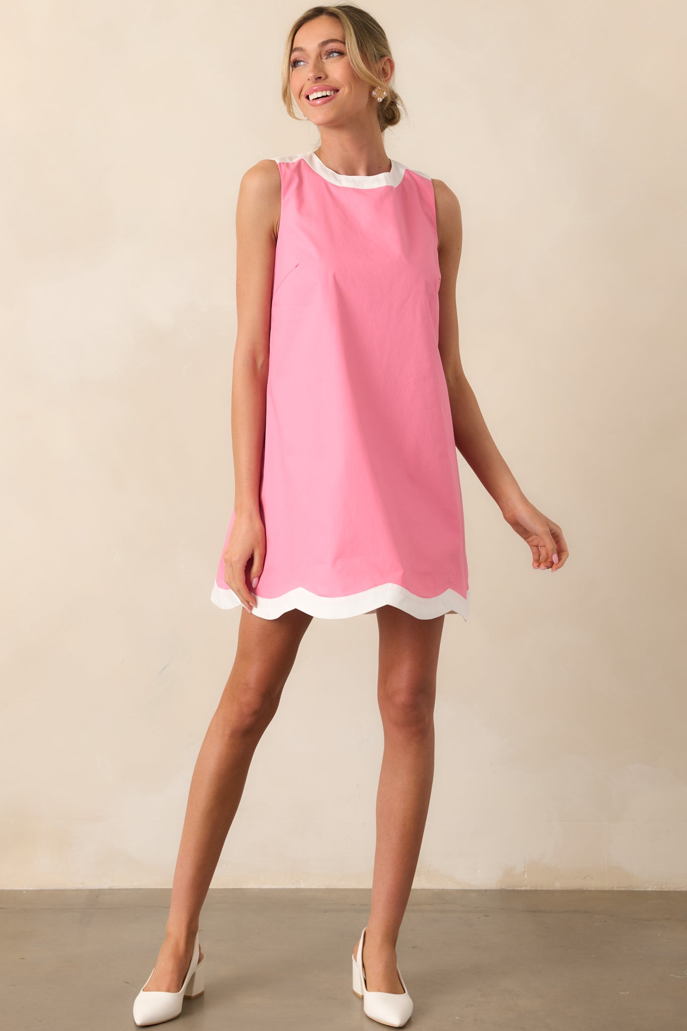 York Geranium Pink Scallop Cotton Shift Dress