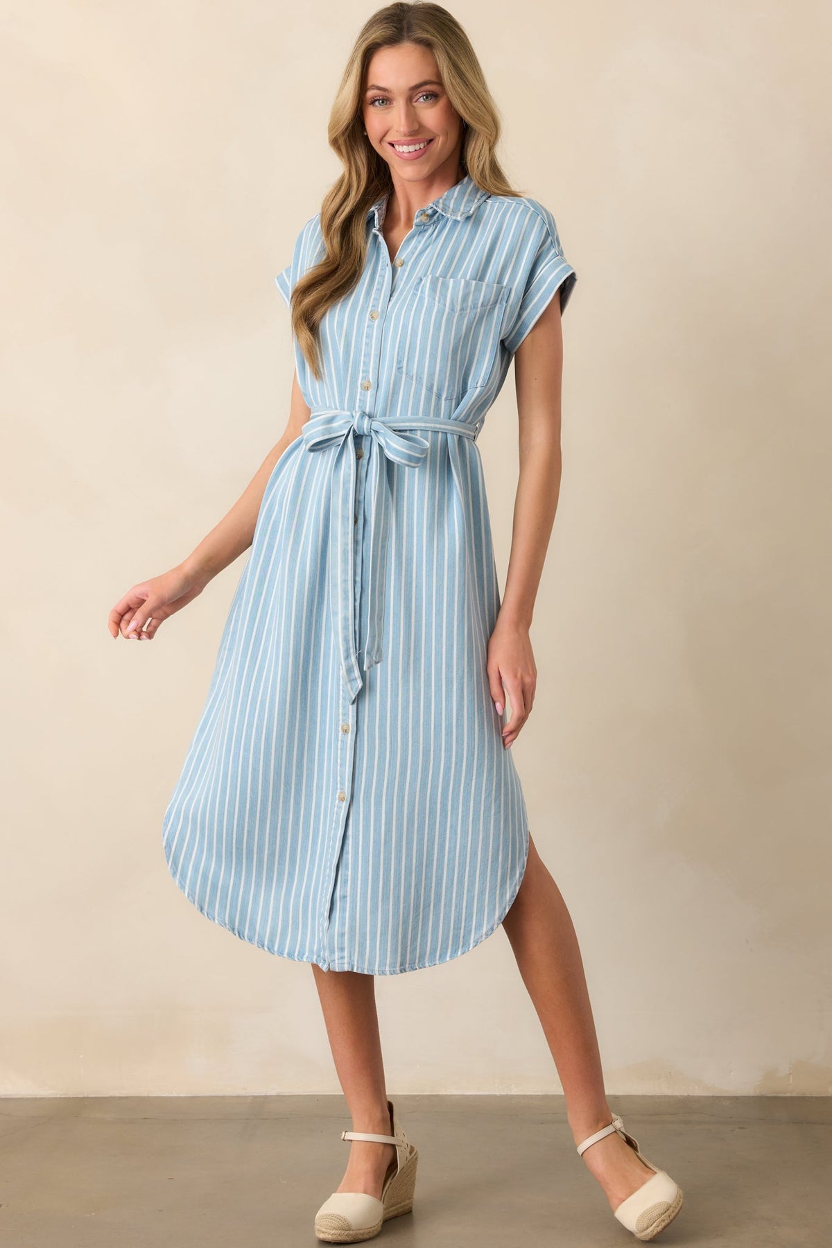 Begin Again Light Wash Chambray Stripe Midi Shirt Dress