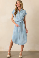 Begin Again Light Wash Chambray Stripe Midi Shirt Dress
