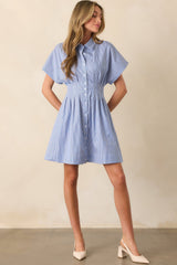 No Timeline Blue Stripe Cotton Pleated Mini Shirt Dress