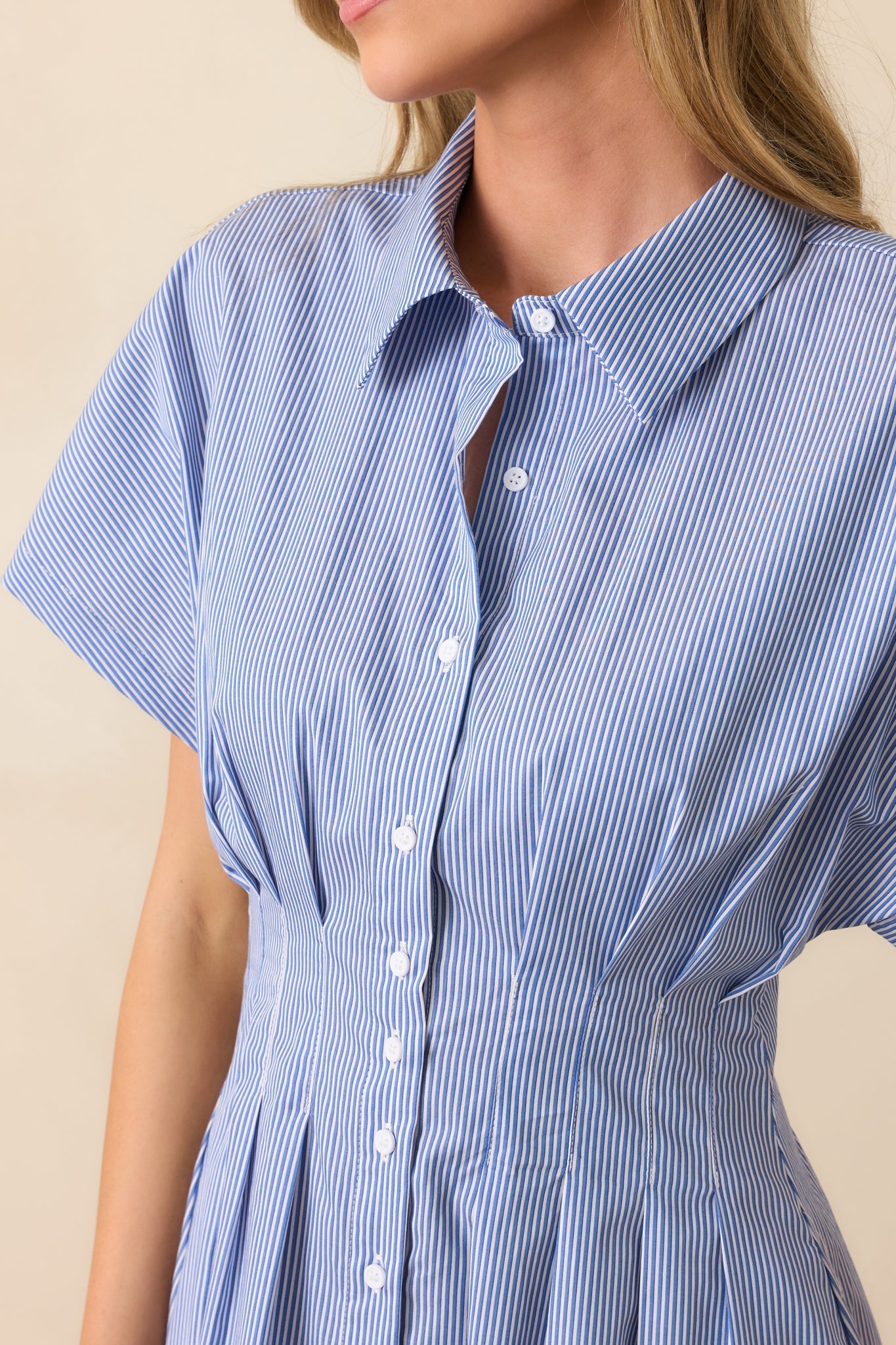 No Timeline Blue Stripe Cotton Pleated Mini Shirt Dress