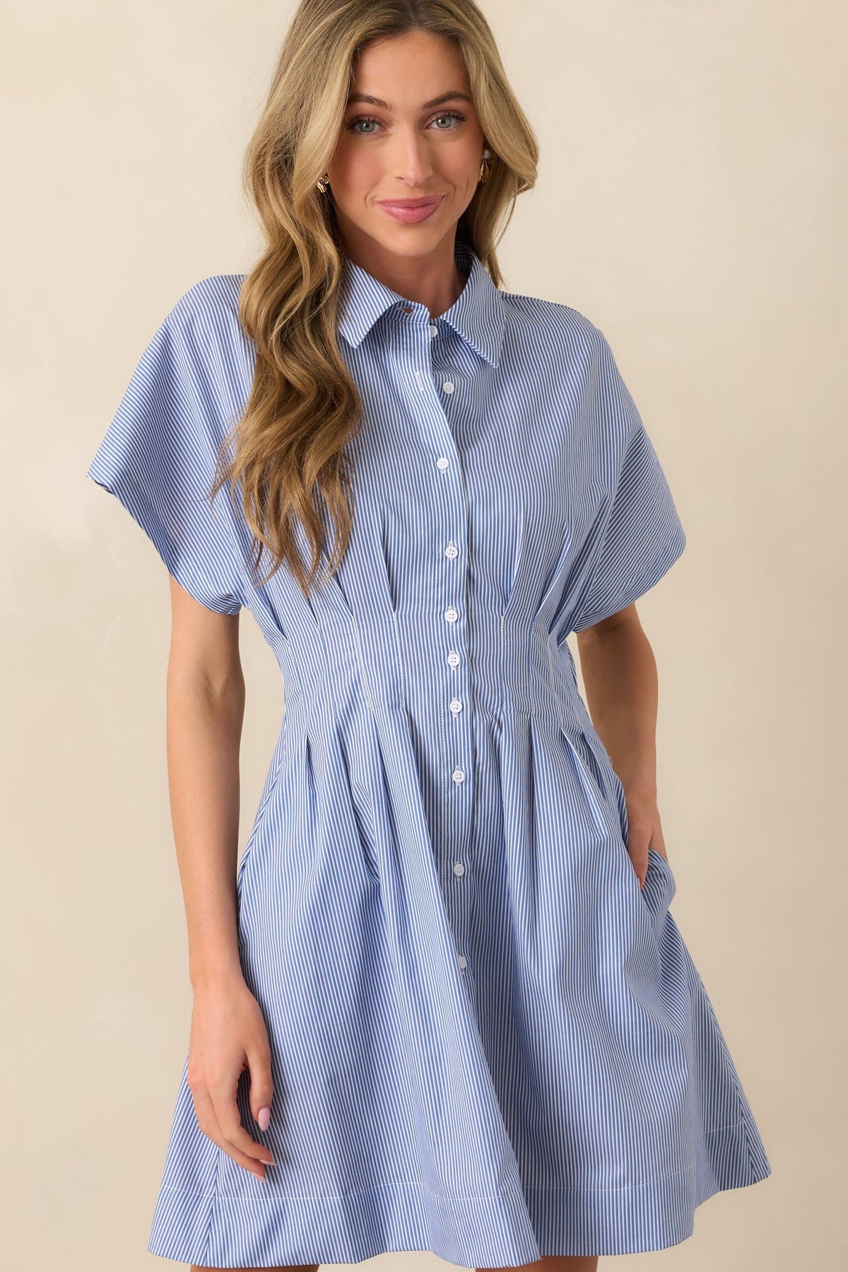 No Timeline Blue Stripe Cotton Pleated Mini Shirt Dress
