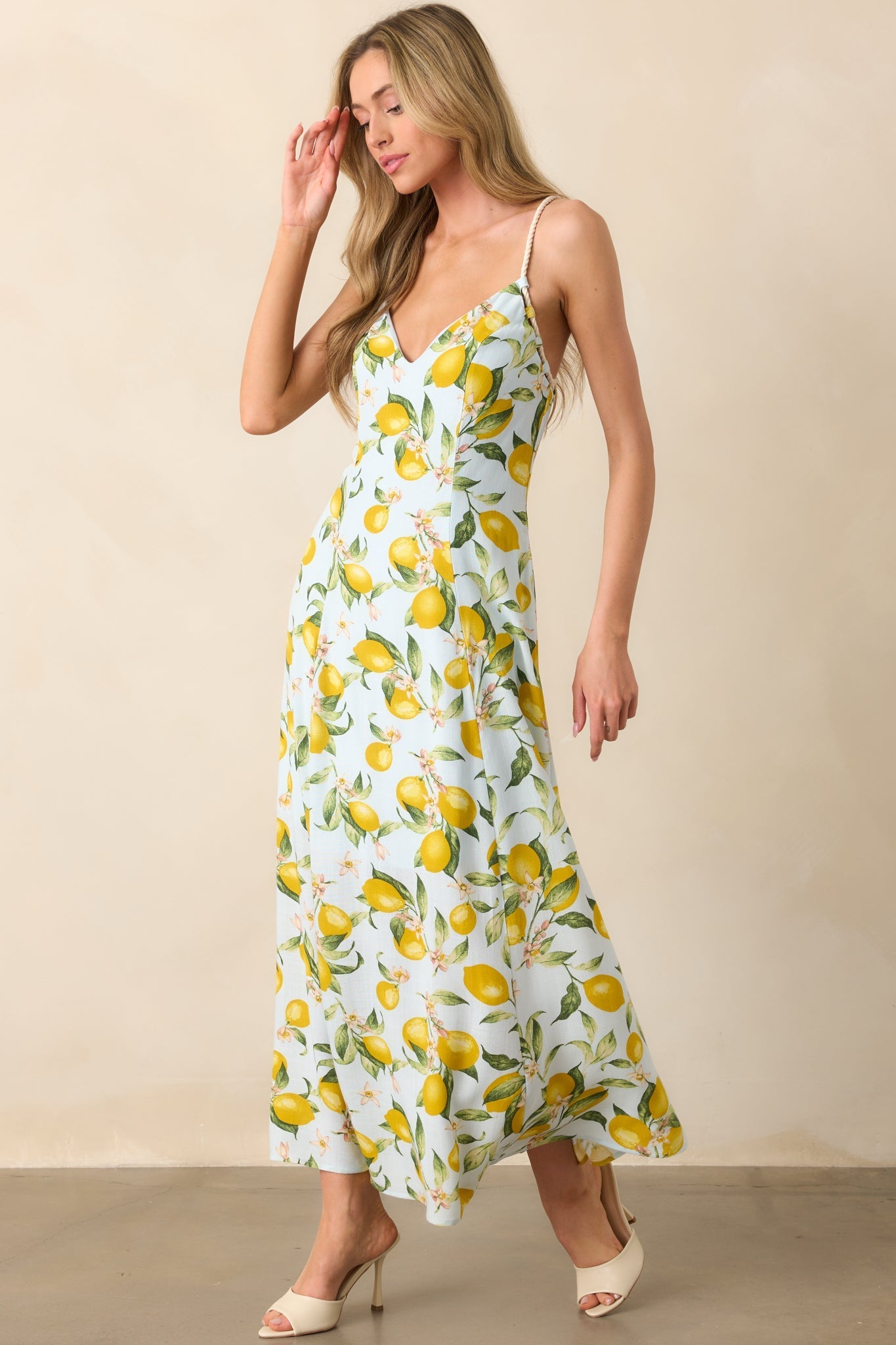 In The Shade Light Blue Lemon Print Cross Back Maxi Dress