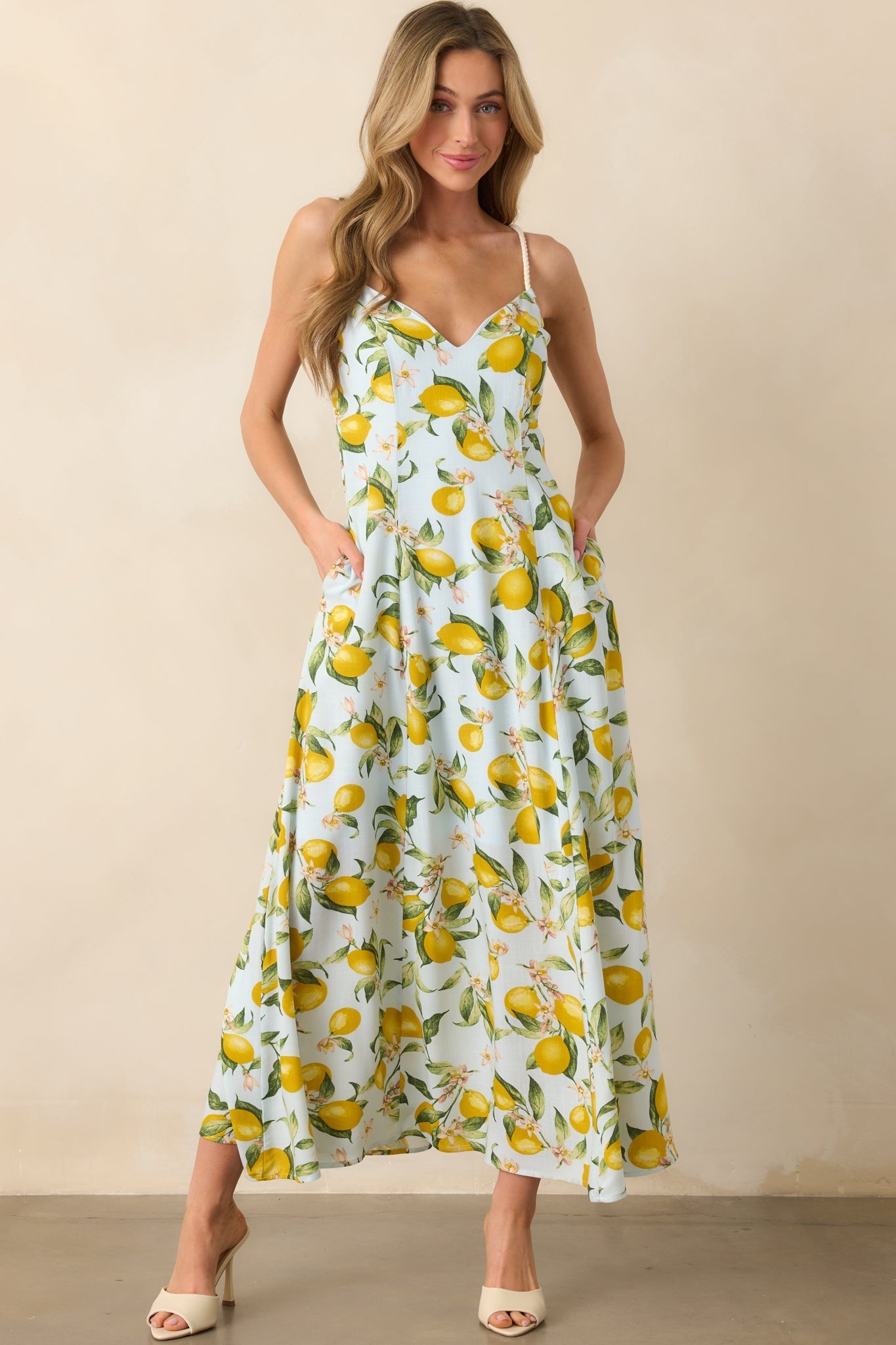 In The Shade Light Blue Lemon Print Cross Back Maxi Dress
